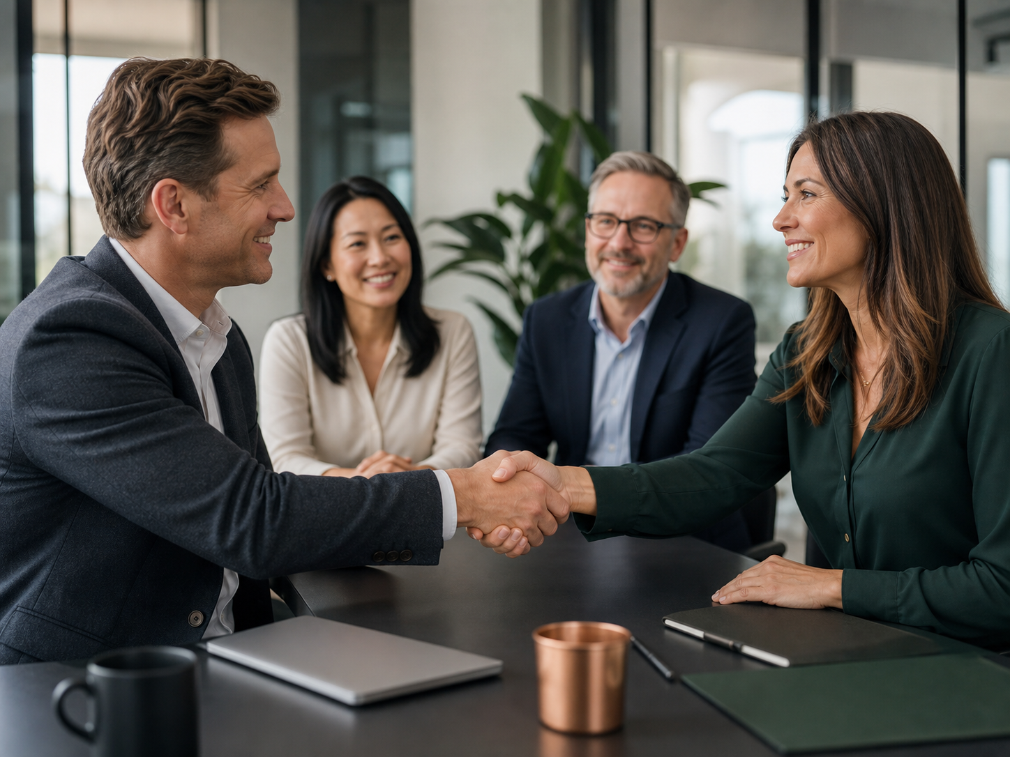 Business partners shaking hands after a successful meeting